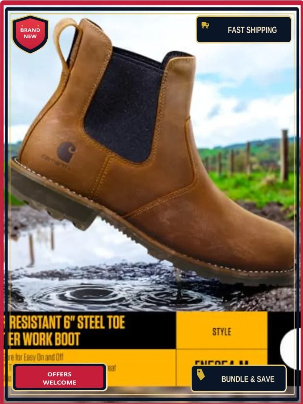 Steel Toe Chelsea Work Boot, Leather, Slip-On, Water Resistant, Safety Toe